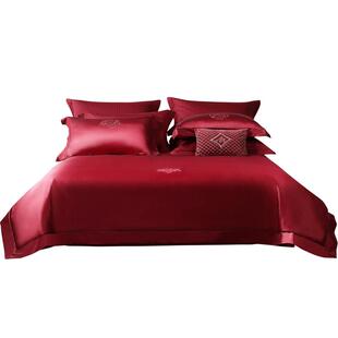 水星家纺100支长绒棉结婚四件套轻奢婚庆套件大红色床单被套床品