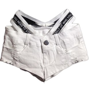 超短裤女夏季性感包臀紧身白色字母织带低腰显瘦打底短裤破洞热裤