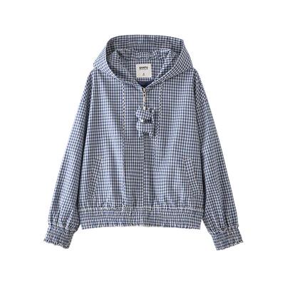 三福格子外套女2026新款春季拉链玩偶挂件花边连帽夹克女装517344