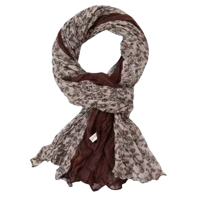 日系氛围感复古碎花拼接褶皱丝巾