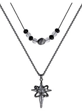 双层叠戴高级感暗黑风原创设计锁骨链女黑色时尚百搭复古星芒项链