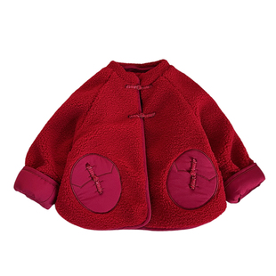 男童冬款周岁礼服套装男宝宝新年喜庆羊羔毛保暖外套婴儿加绒裤子