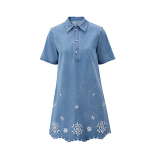 FIVE PLUS花卉刺绣A字直筒修身POLO领牛仔凉感牛仔连衣裙夏季女