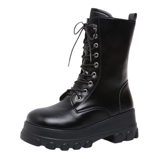 马丁靴女COS增高鞋10CM中筒靴小个子厚底英伦风大码系带瘦瘦短靴