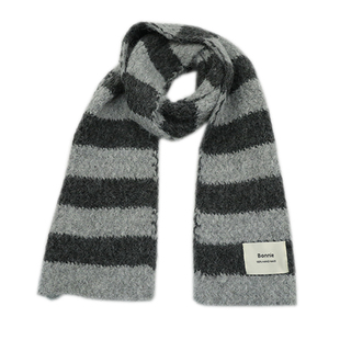 含羊毛撞色红白条纹针织围巾女秋冬韩系复古加厚红色新年保暖围脖