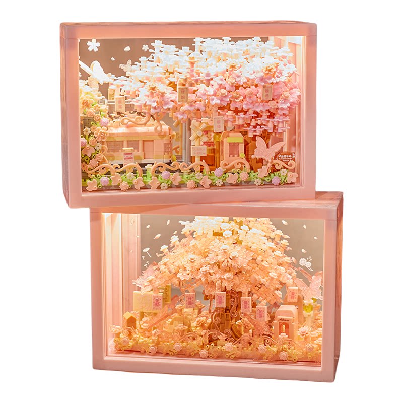 积木花拼装樱花列车相框手工diy3d立体拼图摆件生日礼物送女生