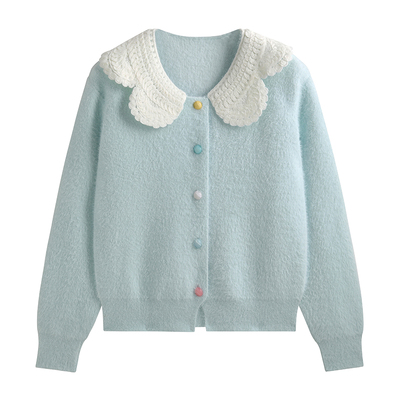 花边拼接娃娃领水貂绒毛衣外套女