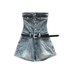 个性高腰牛仔连衣裤女2026年夏季时尚单排扣辣妹A字阔腿卷边热裤