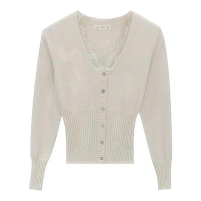 拉夏贝尔独特蕾丝边V领针织开衫