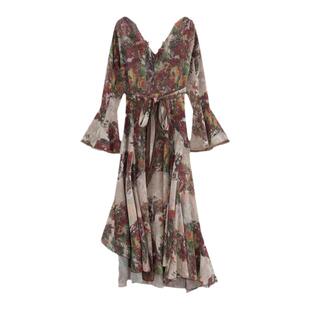 AZure重工蕾丝拼接绑带连衣裙法式复古修身长裙印花V领气质长袖裙