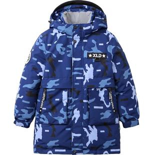 象老大男童羽绒服中长款中大童活面可拆洗儿童迷彩洋气冬装外套厚