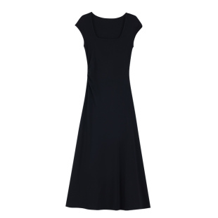 pusumede 独特美丽 掐腰针织方领连衣裙女修身收腰小飞袖通勤长裙