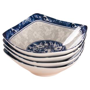 青花瓷8英寸家用陶瓷翘脚碗四角碗釉下彩方形汤盘四平八稳菜盘子