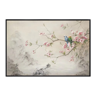 吉祥花鸟新中式手绘油画客厅玄关餐厅卧室床头装饰挂画电表箱盖画