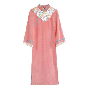 千鸟格毛呢旗袍拼接蝴蝶结加厚冬季女2025年新款年轻款改良连衣裙