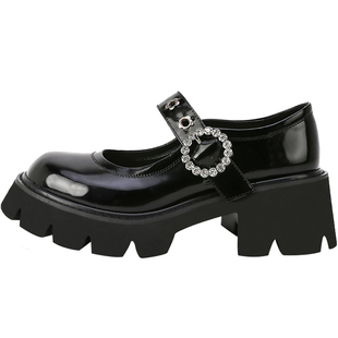 玛丽珍鞋女日系复古厚底松糕鞋大头鞋水钻一字扣小皮鞋粗跟单鞋潮