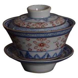 景德镇陶瓷茶具老厂货80年代青花玲珑斗彩三才盖碗单个敬茶碗大号