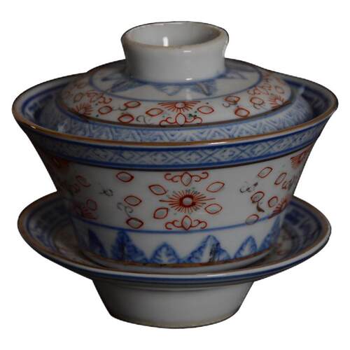 景德镇陶瓷茶具老厂货80年代青花玲珑斗彩三才盖碗单个敬茶碗大号_虎窝淘