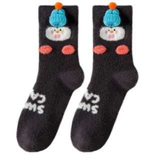 珊瑚绒秋冬新款企鹅袜子礼盒保暖厚女袜地板袜可爱女款毛绒睡眠袜