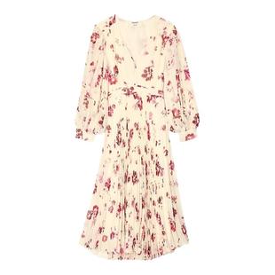 bash春季新款双生玫瑰法式印花百褶长裙连衣裙1E25PATL