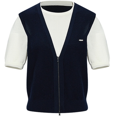 KBNE桑蚕丝羊毛MIU系假两件学院风针织衫女2025秋季新款短袖上衣