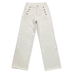 李李服饰巴曼风阔腿牛仔裤女2026年春季重工金扣高腰显瘦长裤
