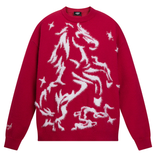 404MOB马年2026新年红抗起球提花软糯圆领保暖加厚毛衣针织衫外套