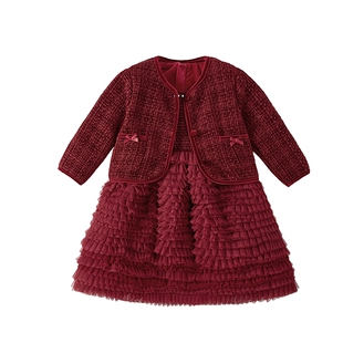 [抗菌锁温]女童公主裙大童春季红色连衣裙儿童加绒礼服宝宝两件套