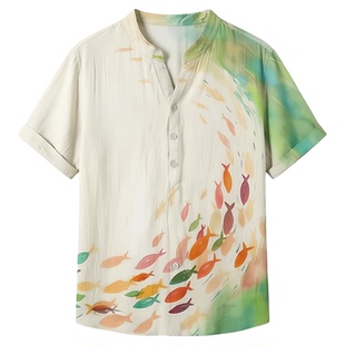 3D digital printed V-neck casual top 3D数码印花V领宽松POLO衫