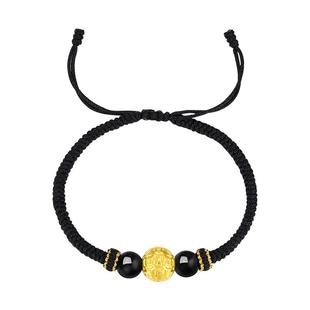 新年礼物周大生黄金手链足金硬金铜钱貔貅转运珠手绳黑绳送男朋友