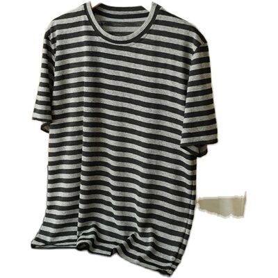 短袖休闲条纹棉麻T恤女士圆领