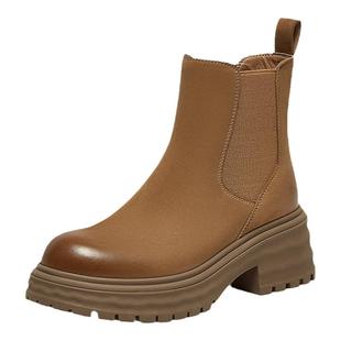 百思图冬商场新款美拉德加绒羊皮靴烟筒靴切尔西女短靴UKG07DD4