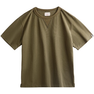 美式复古米白色正肩短袖T恤二本针圆领纯色打底汗衫男夏