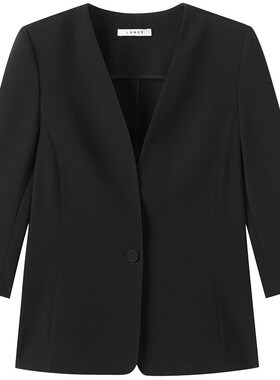 LANCY/朗姿2025年秋新款气质通勤无领西装女三醋酸七分袖黑色外套