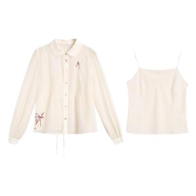 紫涵薄透刺绣长袖衬衫秋季新款休闲花边翻领系带收腰衬衣内搭吊带