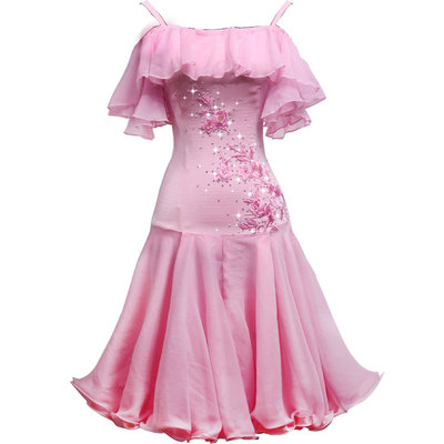 儿童艺考露肩粉色鱼骨卷边拉丁舞