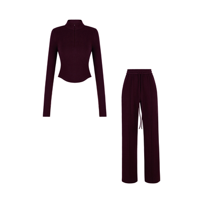 XULU原创加绒优可丝气质纯色长裤百搭下摆圆弧修身上衣时尚套装