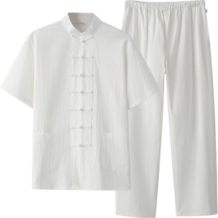 夏季棉麻中老年爸爸长短袖唐装中式套装复古立领盘扣国风中山装男