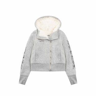 Amoeba美式复古短款斜拉链座山雕加绒加厚连帽卫衣冬季棉服外套女