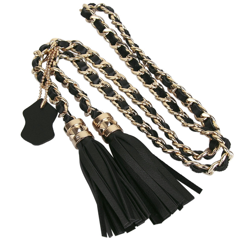 腰链女装饰连衣裙流苏真皮腰饰金属牛皮大衣链条细腰带配裙子配饰