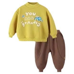 男童套装加绒保暖圆领卫衣柔软保暖慢跑裤上学穿运动休闲冬两件套