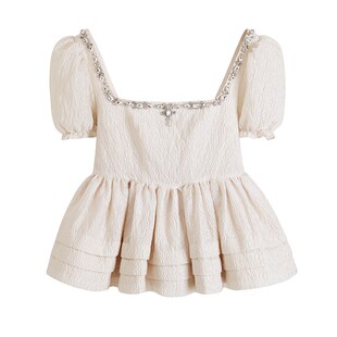 CAN2021夏季新款 法式休闲方领上衣女设计感小众泡泡袖短款连衣裙