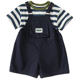INSbob女童套装时尚条纹男童短袖背带短裤套装洋气休闲儿童衣服夏