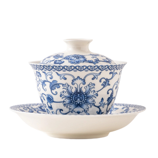 众人品德化白瓷三才盖碗三件套青花泡茶碗单个防烫手陶瓷功夫茶具