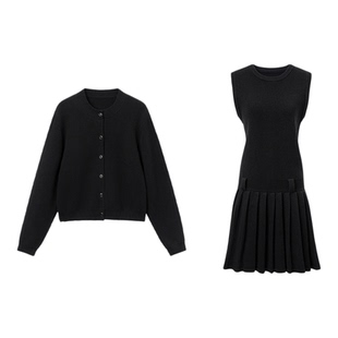 SUK 高智老钱!100%羊毛圆领背心针织衫百褶连衣裙宽松开衫套装女