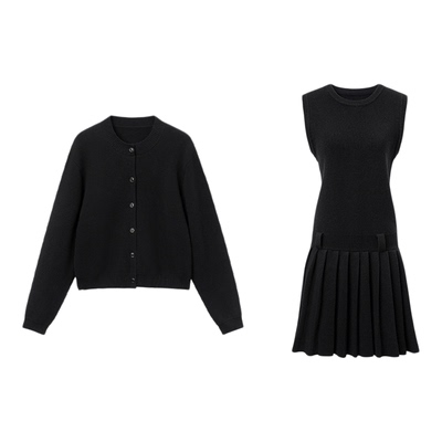 SUK 高智老钱！100%羊毛圆领背心针织衫百褶连衣裙宽松开衫套装女