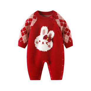 婴儿拜年服红色喜庆新年过年衣服秋冬女宝宝连体衣冬季一周岁礼服