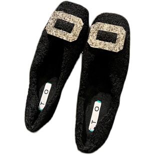 黑色毛毛鞋女秋冬季加绒鞋子法式温柔晚晚水钻方扣轻奢单鞋豆豆鞋