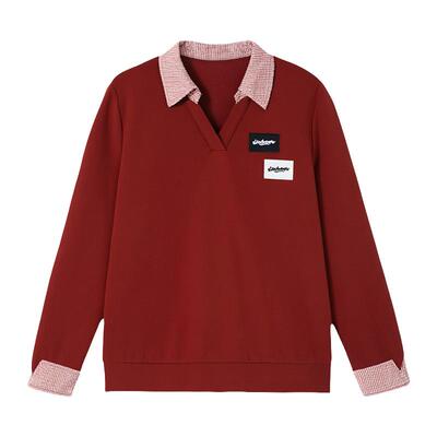 采多宝大码女装胖mm2026春季新款假两件格子翻领卫衣EDZ5671