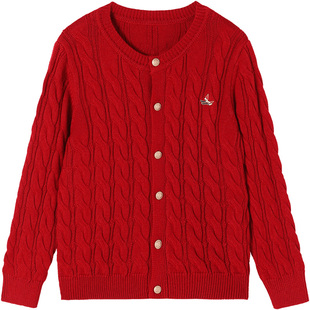 Navigare意大利小帆船儿童红毛衣秋冬新年款针织开衫女童内搭上衣